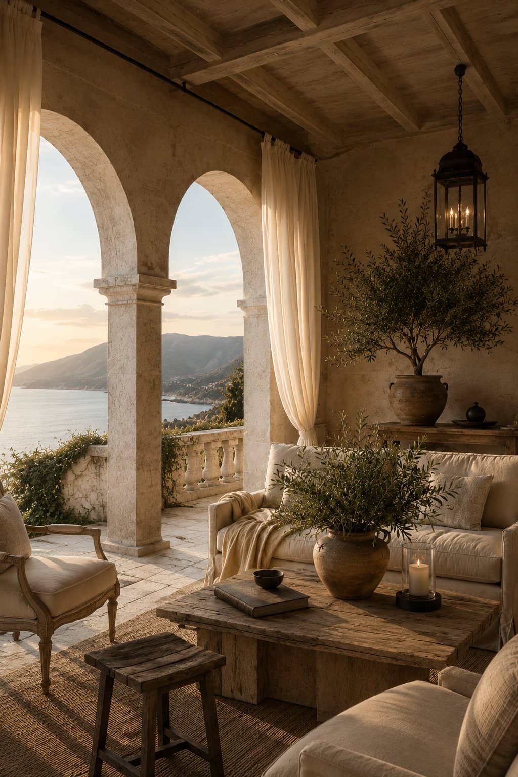 A covered stone terrace at golden hour, deep linen sofas beneath arches framing the coast