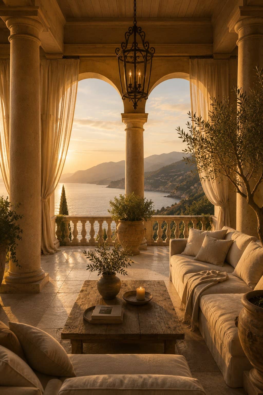 A columned villa loggia at golden hour, linen sofas and an olive tree open to the sea