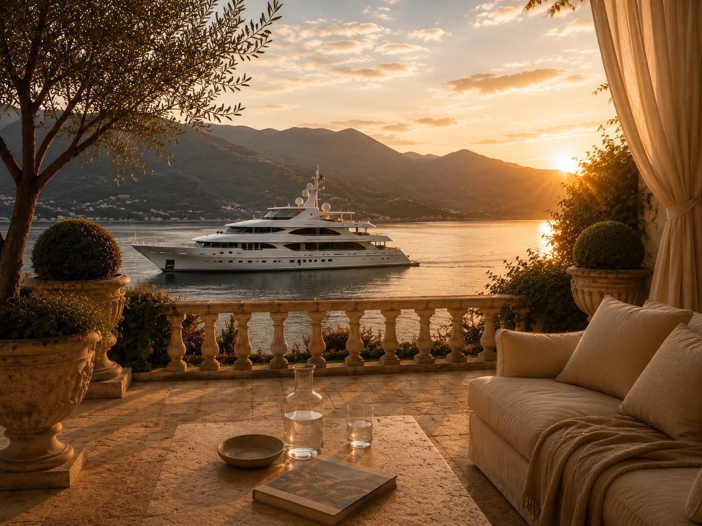 A white superyacht at anchor on calm water at golden hour, seen from a stone terrace